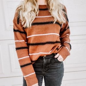 Knit Striped Long Sleeve Crewneck Sweater Trendy